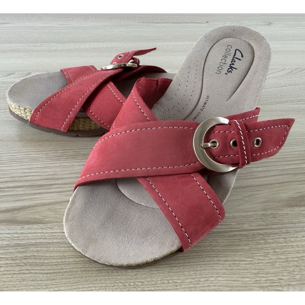 Clarks Collection Red Nubuck Slide Sandals Women's 7.5 W Wide Comfort Wedge